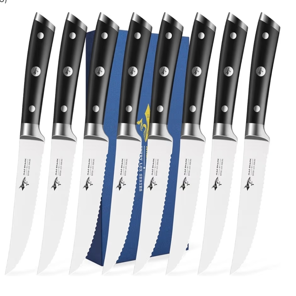 NEW | Mad Shark | 8 Count Steak Knife Set with Black Handles